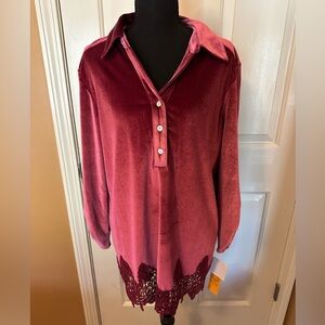 Ruby Rd. Velvet Burgundy Blouse with Lace Hem